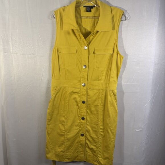 Hope & Honey Yellow Sleeveless Button Front Utility Dress Size 12 Belted Pockets - Picture 1 of 7